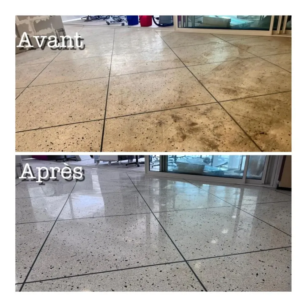 Gros travail de ponçage pour restaurer ce Granito impacté en profondeur avec cristallisation.