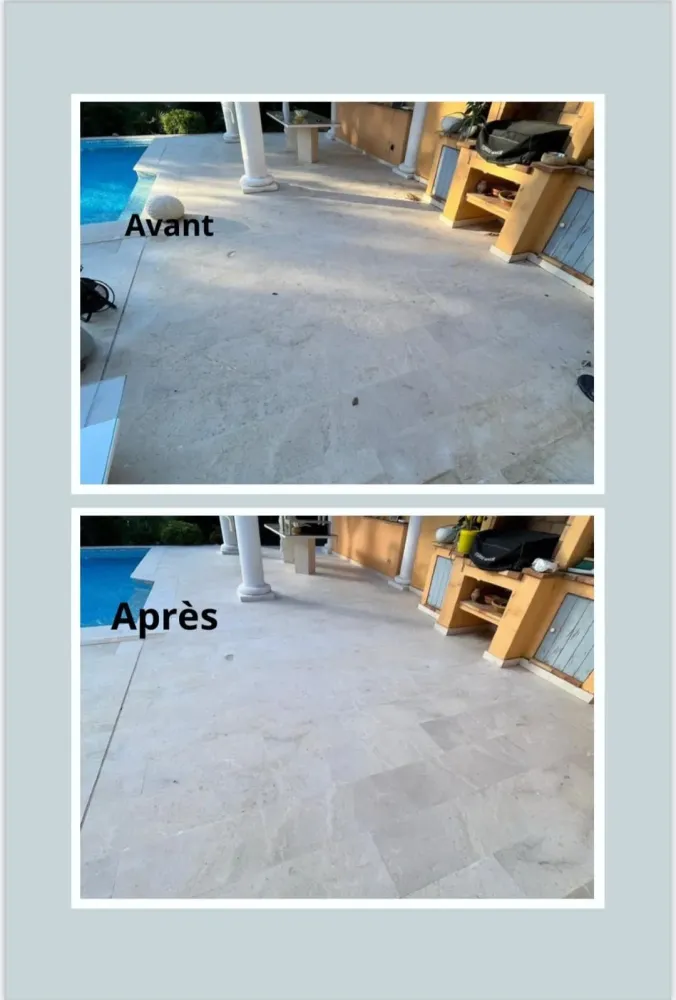 Travail de décapage sur une terrasse extérieure en travertin